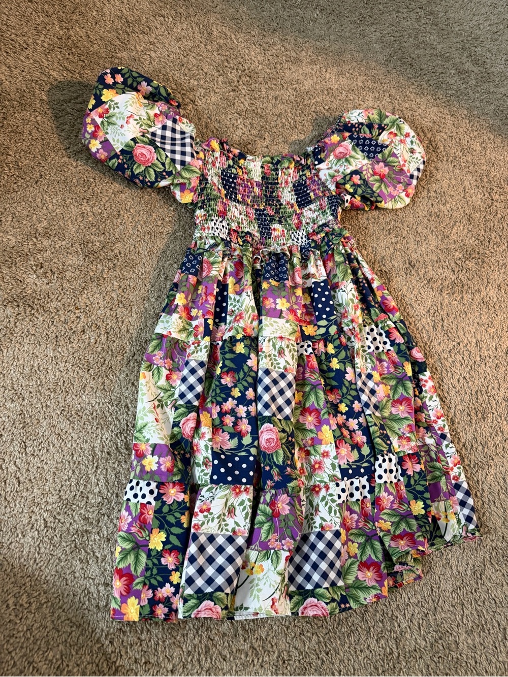 Girls Navy Floral Patchwork Puff-Sleeve Dress